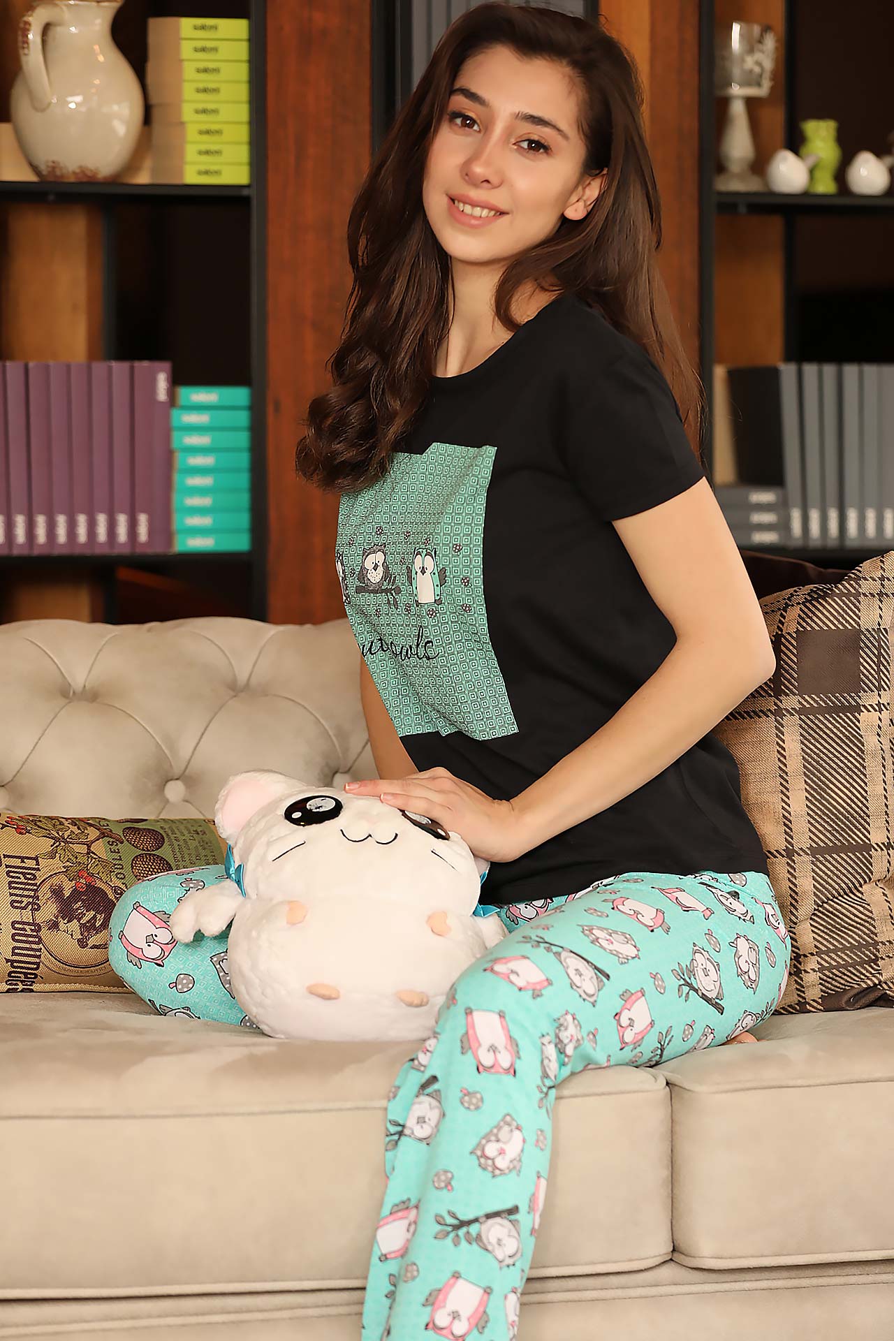 Women's Patterned Black Mint Green Pajama Set