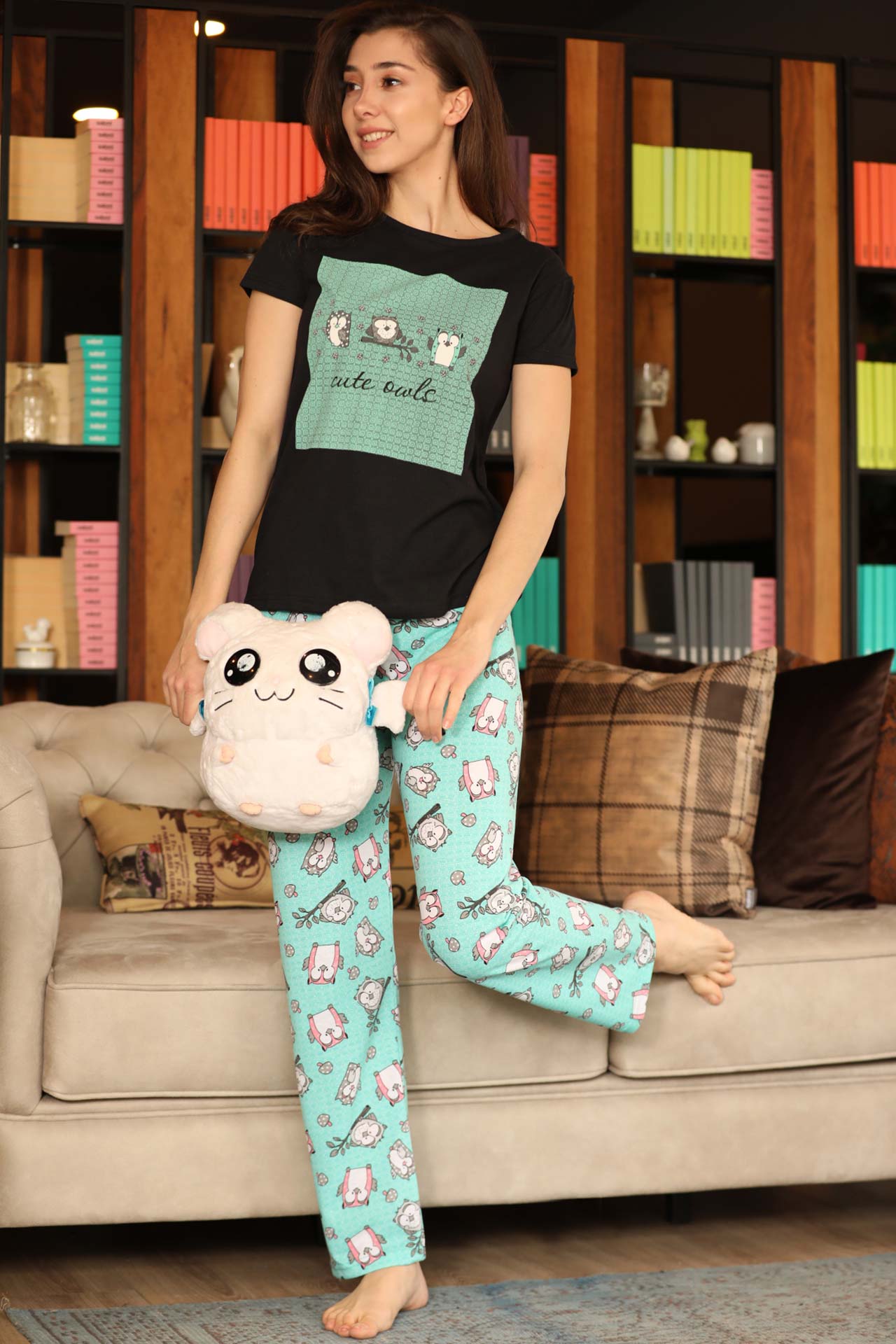 Women's Patterned Black Mint Green Pajama Set