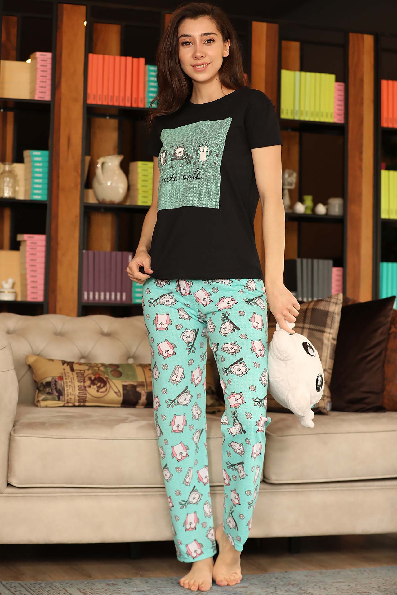 Women's Patterned Black Mint Green Pajama Set