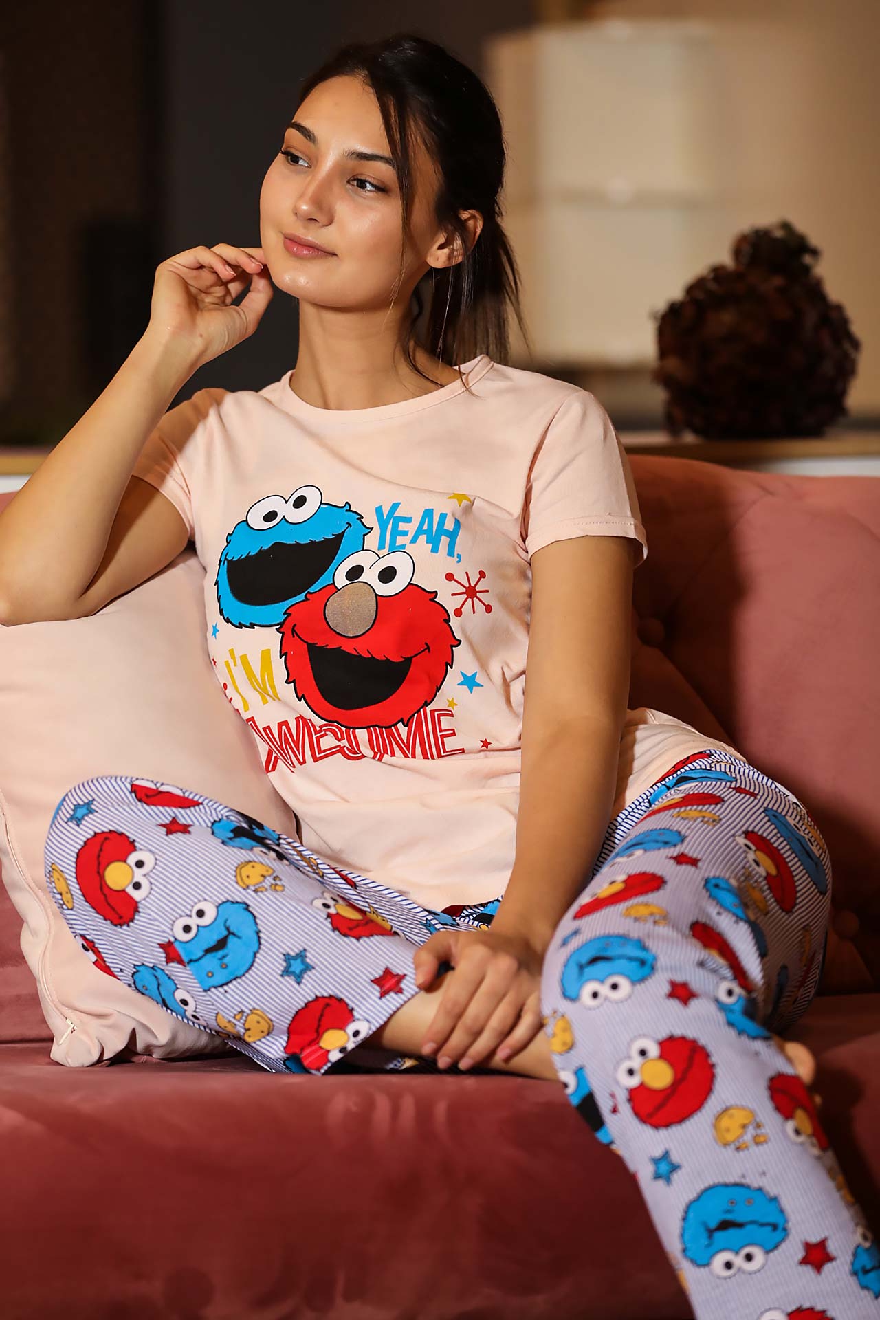 Women's Oversize Printed Salmon Pajama Set