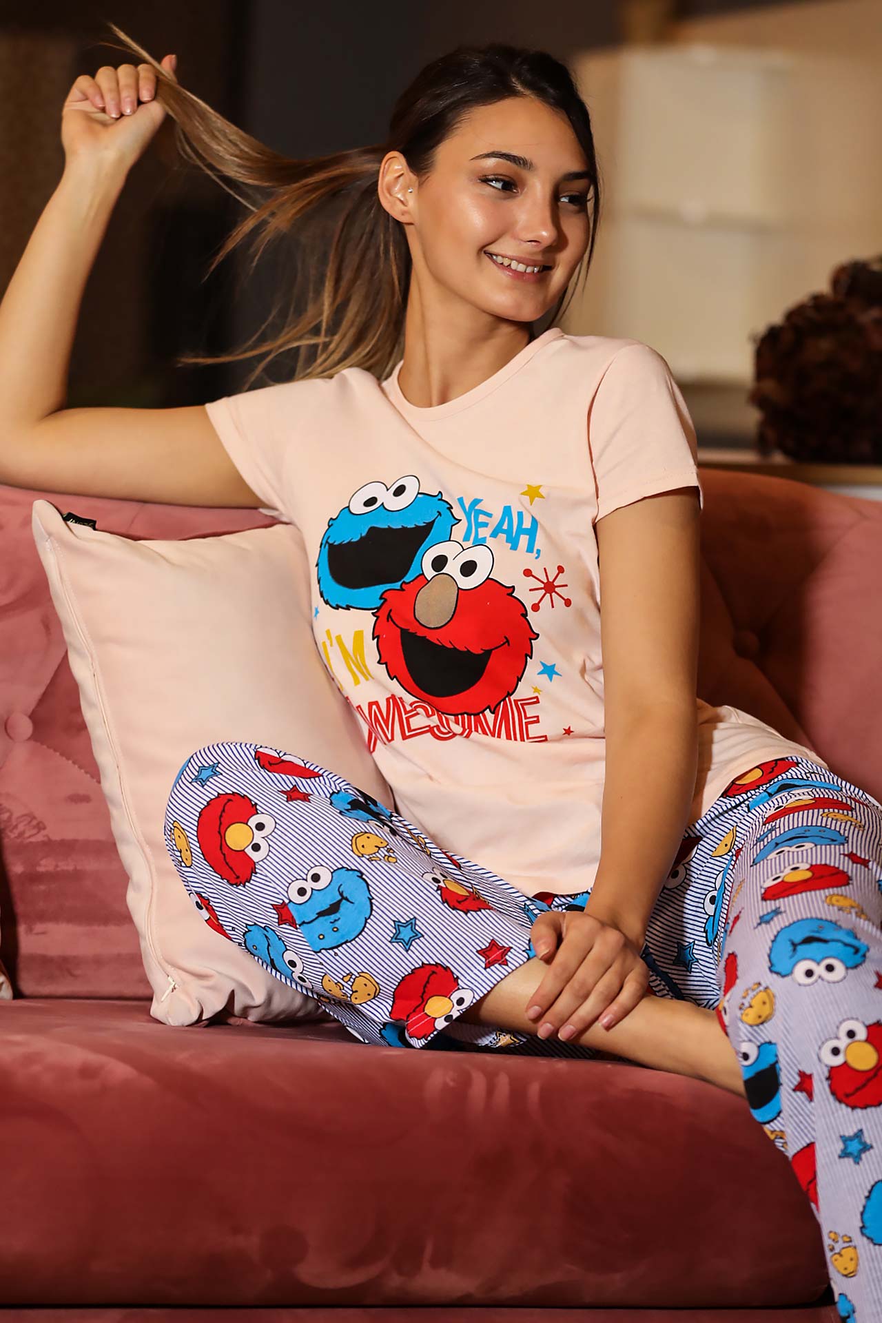 Women's Oversize Printed Salmon Pajama Set