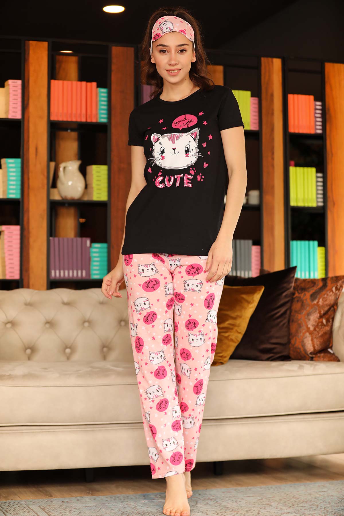 Women's Printed Black Pink Pajama Set