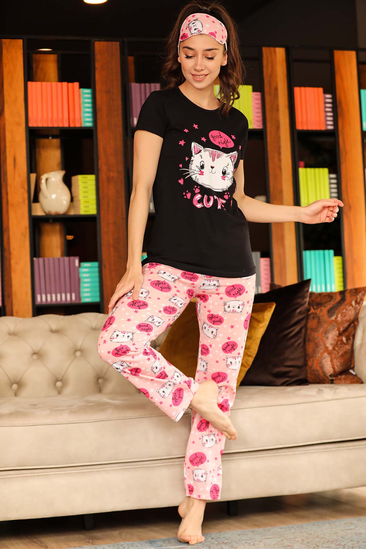 Women's Printed Black Pink Pajama Set