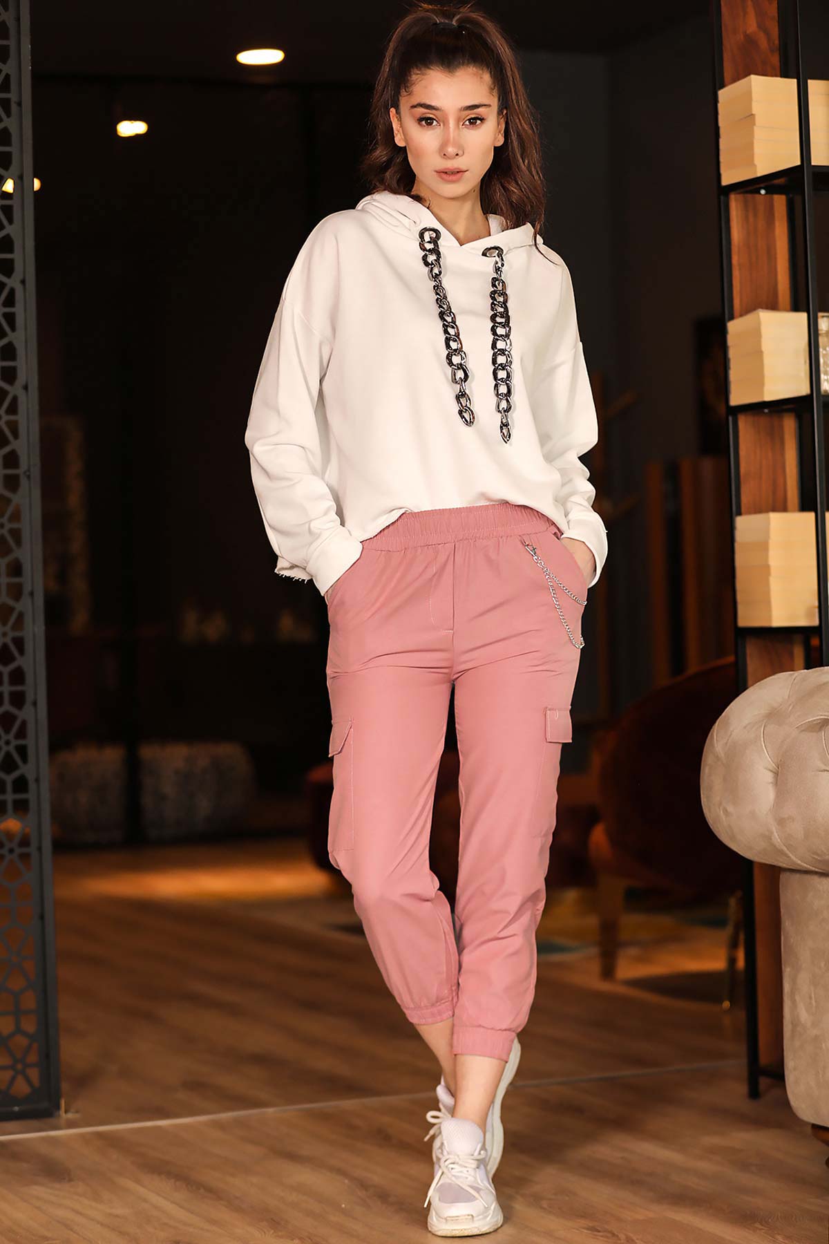 Women's Chain Dusty Rose Cargo Pants