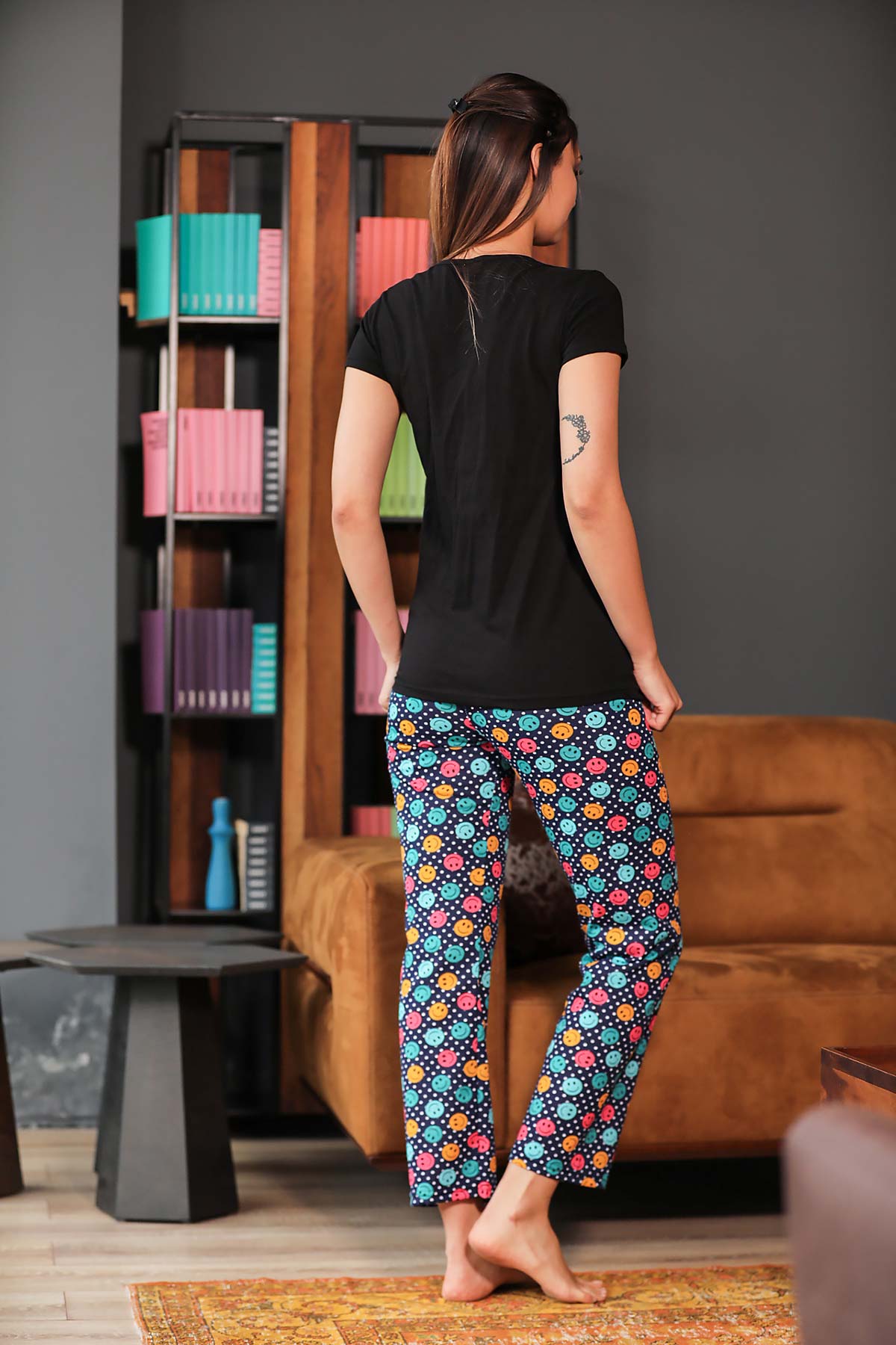 Women's Patterned Black Pajama Set