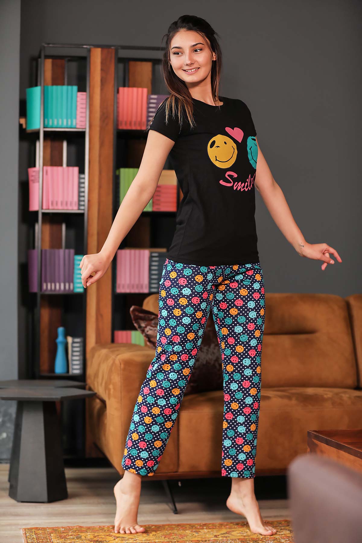 Women's Patterned Black Pajama Set
