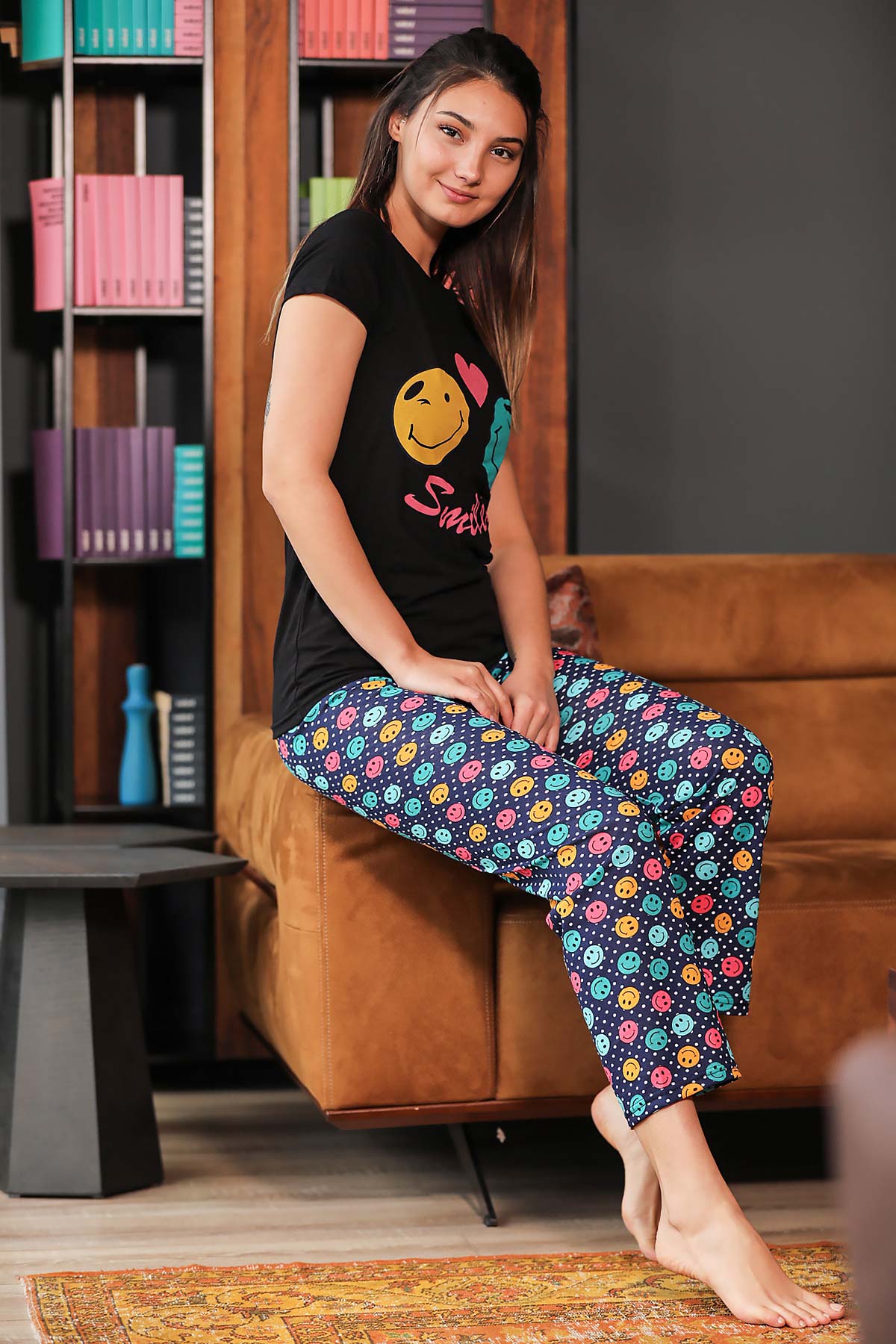 Women's Patterned Black Pajama Set
