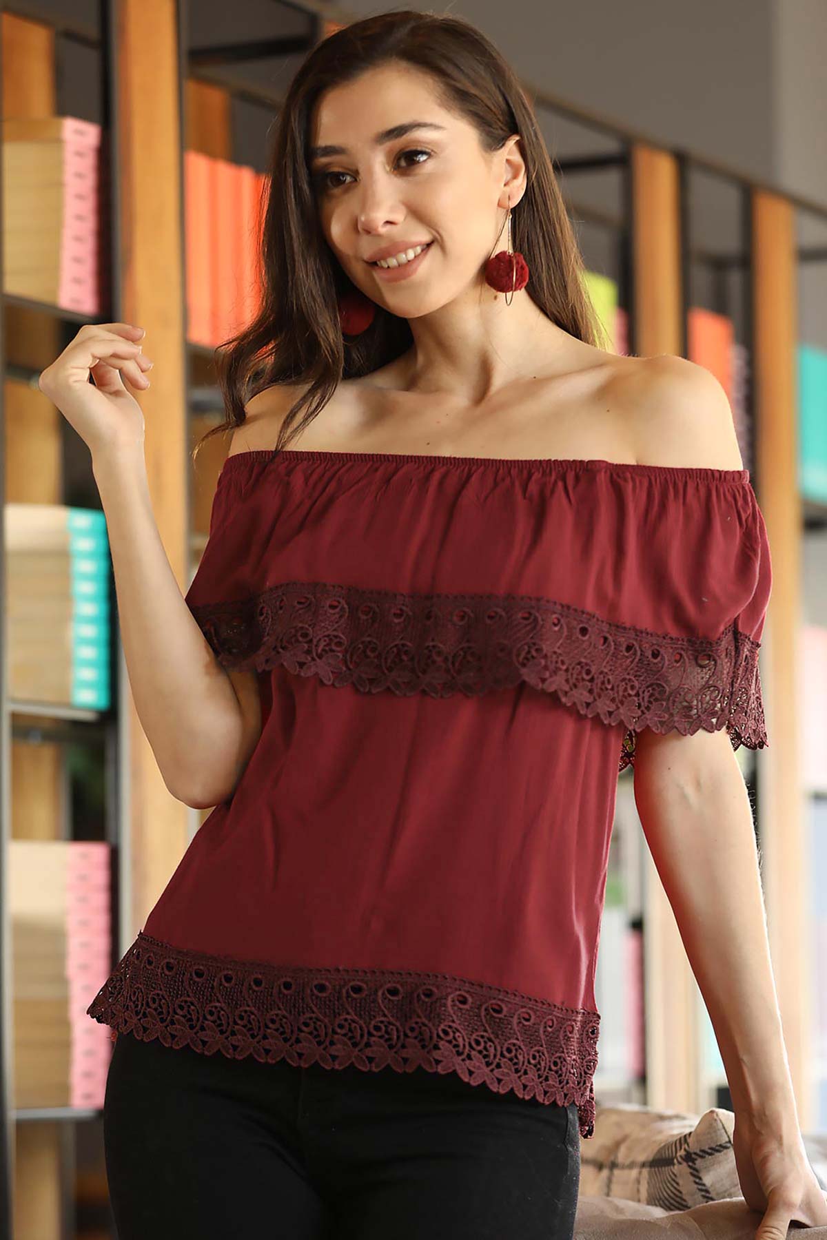 Women's Off Shoulders Claret Red Blouse