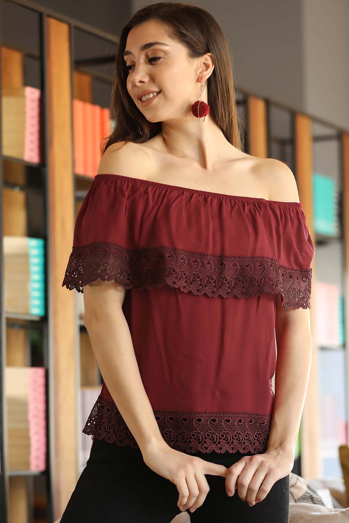 Women's Off Shoulders Claret Red Blouse