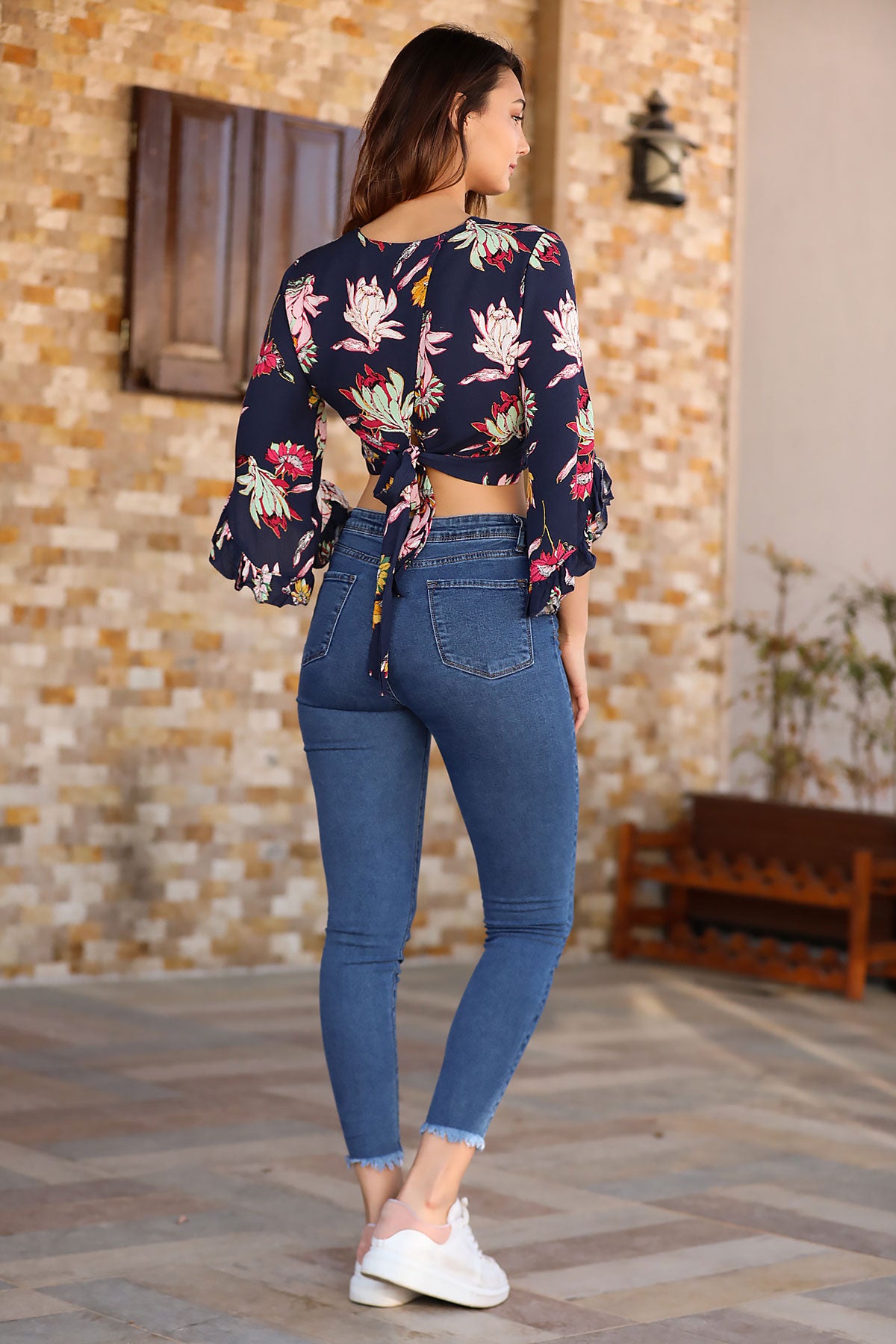 Women's Lace Detail Navy Blue Blouse