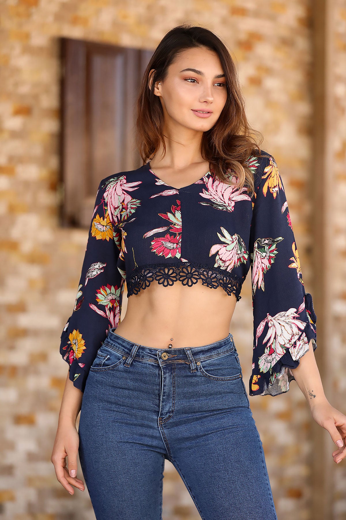 Women's Lace Detail Navy Blue Blouse