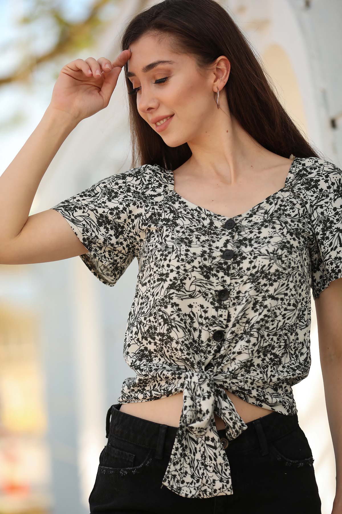 Women's Button Tie Waist Patterned Crop Blouse