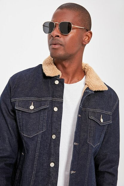 Men's Lined Artificial Wool Detail Navy Blue Denim Jacket