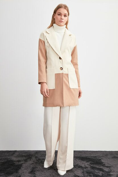 Women's Long Color Block Cream Cachet Coat