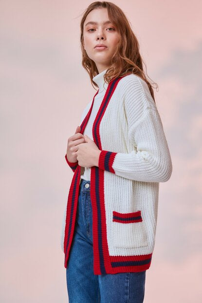 Women's Pocket Stripe Detail Ecru Tricot Cardigan
