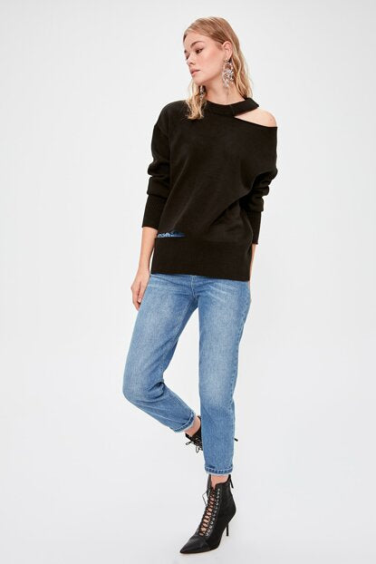 Women's Cut Out Detail Black Tricot Sweater