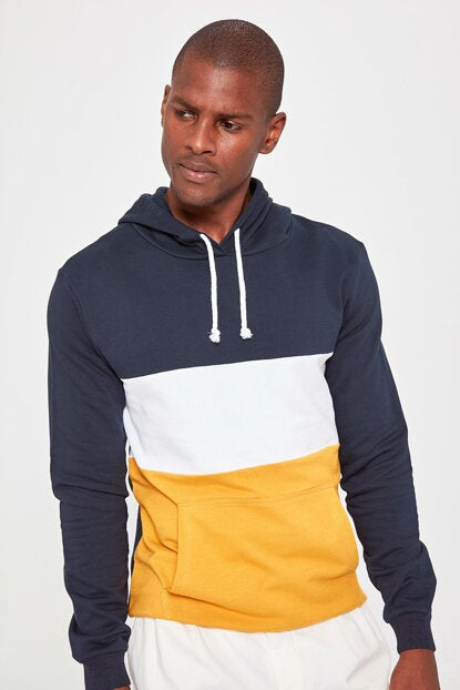 Men's Hooded Kangaroo Pocket Color Block Sweatshirt