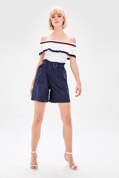 Women's Belted Navy Blue Shorts