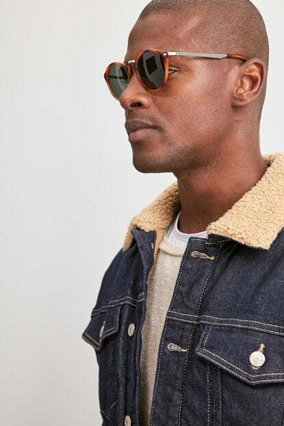 Men's Lined Artificial Wool Detail Navy Blue Denim Jacket