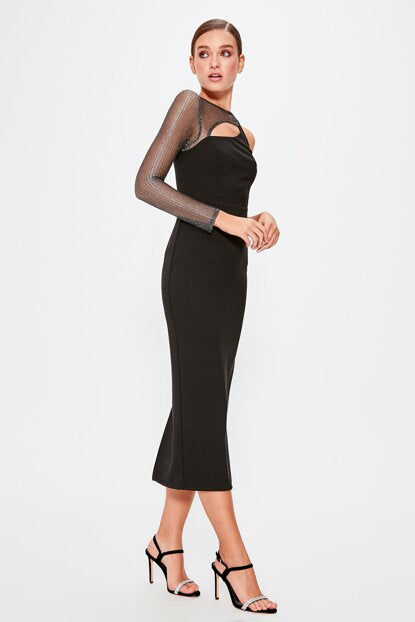 Women's One Sleeve Black Midi Dress