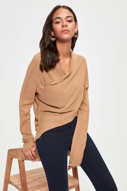 Women's Wrap Collar Camel Tricot Sweater
