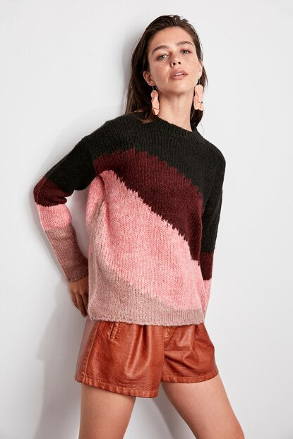 Women's Pink Color Block Tricot Sweater