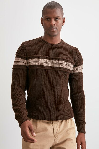 Men's Crew Neck Brown Rib Sweater