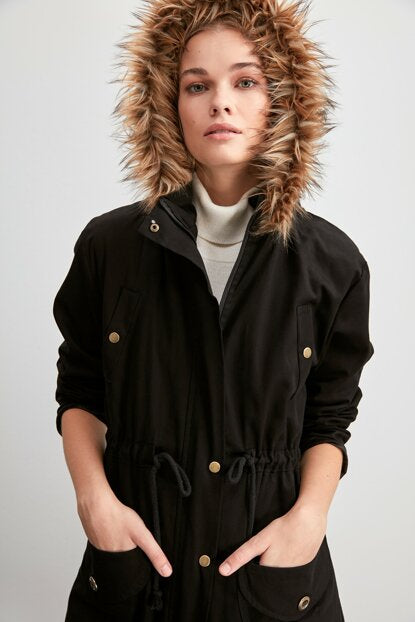 Women's Hooded Inner Furry Black Coat