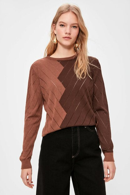 Women's Crew Neck Color Block Tricot Sweater