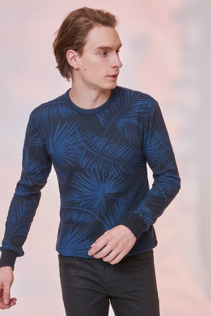 Men's Patterned Crew Neck Indigo Sweater