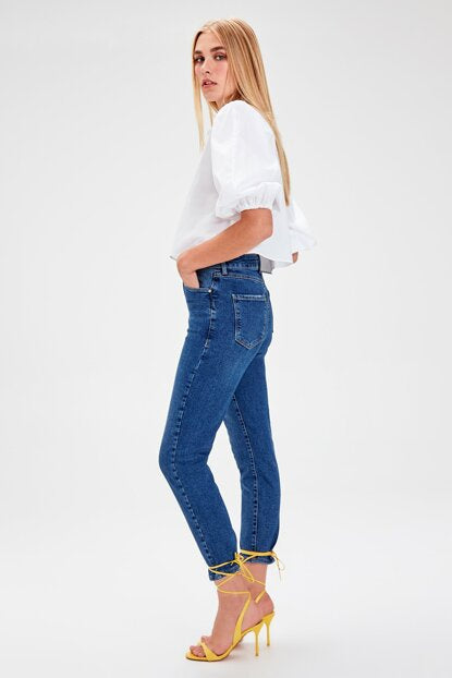 Women's High Waist Navy Blue Slim Fit Mom Jeans