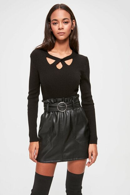 Women's Cut Out Detail Black Tricot Sweater