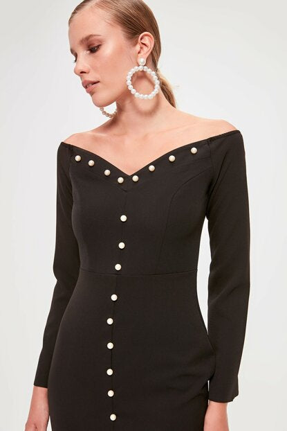 Women's Pearl Button Black Short Dress