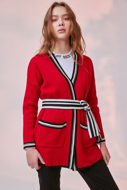 Women's Belted Red Tricot Cardigan