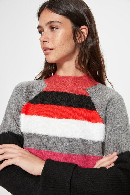 Women's Multi-color Striped Plush Detail Tricot Cardigan
