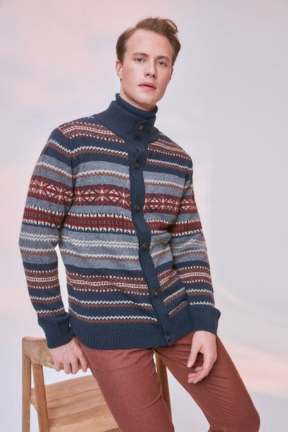 Men's Navy Blue Jacquard Cardigan