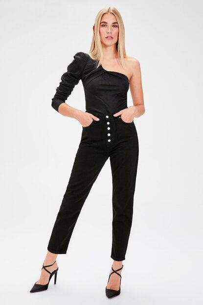 Women's Front Button High Waist Black Mom Jeans