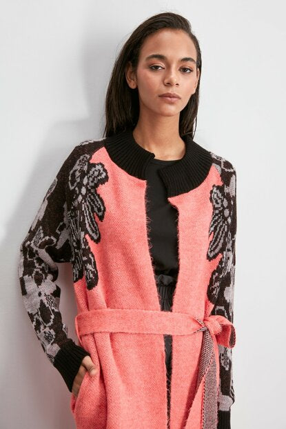 Women's Patterned Pink Tricot Cardigan