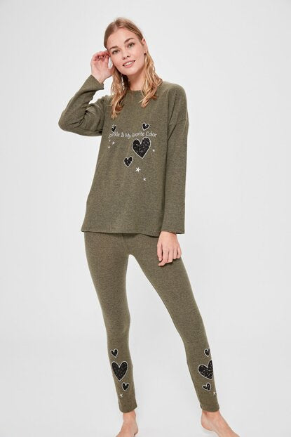 Women's Heart Print Khaki Soft Pajama Set