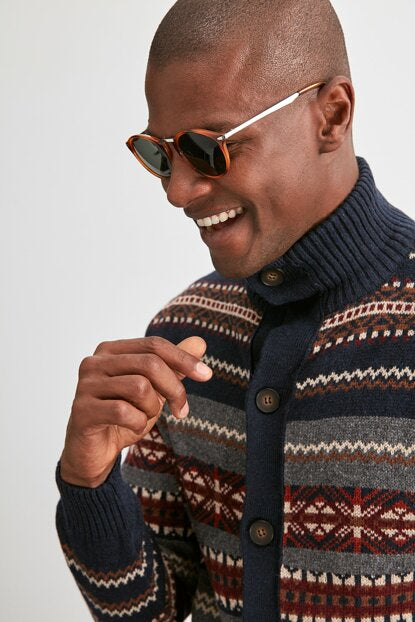 Men's Navy Blue Jacquard Cardigan