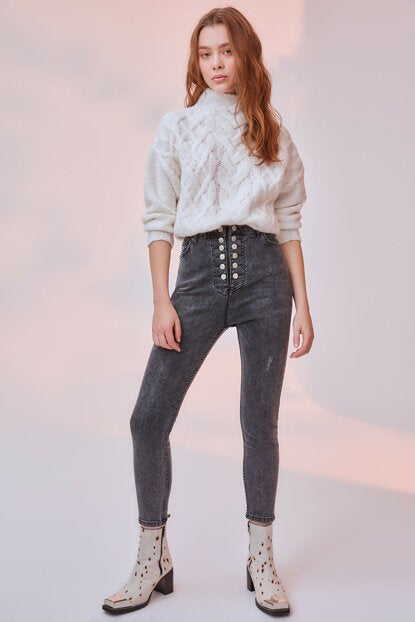 Women's Button Super High Waist Anthracite Skinny Jeans