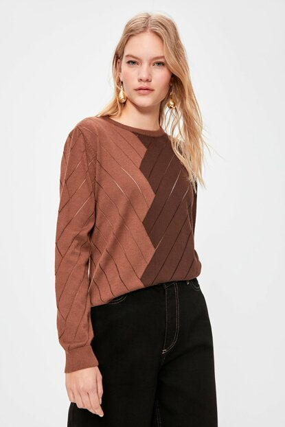 Women's Crew Neck Color Block Tricot Sweater