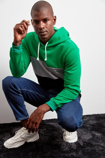 Men's Hooded Kangaroo Pocket Color Block Sweatshirt