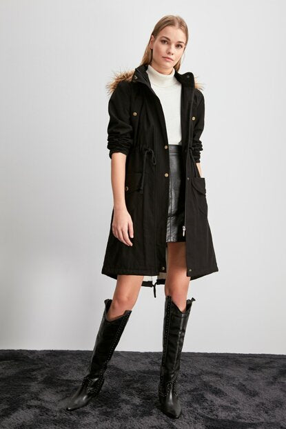Women's Hooded Inner Furry Black Coat