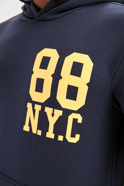 Men's Hooded Kangaroo Pocket Printed Navy Blue Sweatshirt