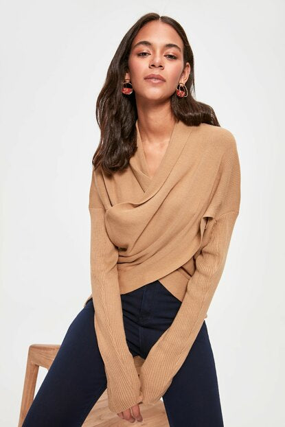 Women's Wrap Collar Camel Tricot Sweater