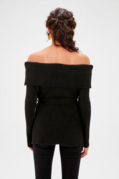 Women's Off Shoulders Belted Black Tricot Sweater