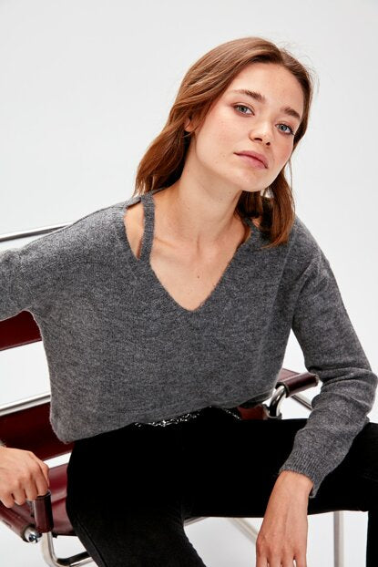 Women's Collar Detail Anthracite Sweater