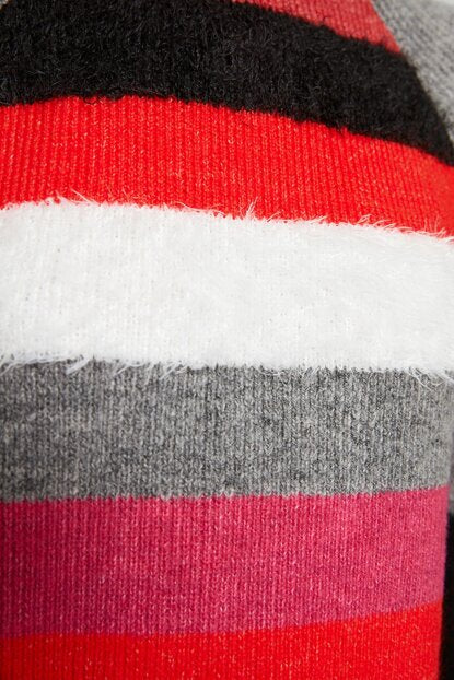 Women's Multi-color Striped Plush Detail Tricot Cardigan