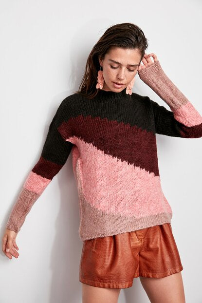 Women's Pink Color Block Tricot Sweater